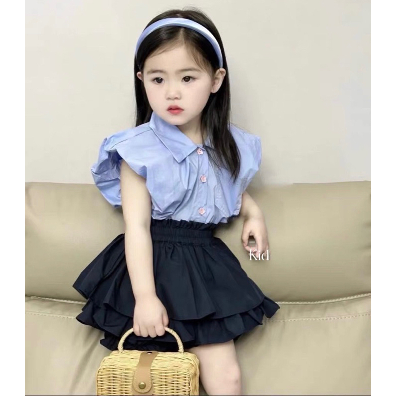 Set áo xanh chân váy đen tầng cho bé gái 10-30kg