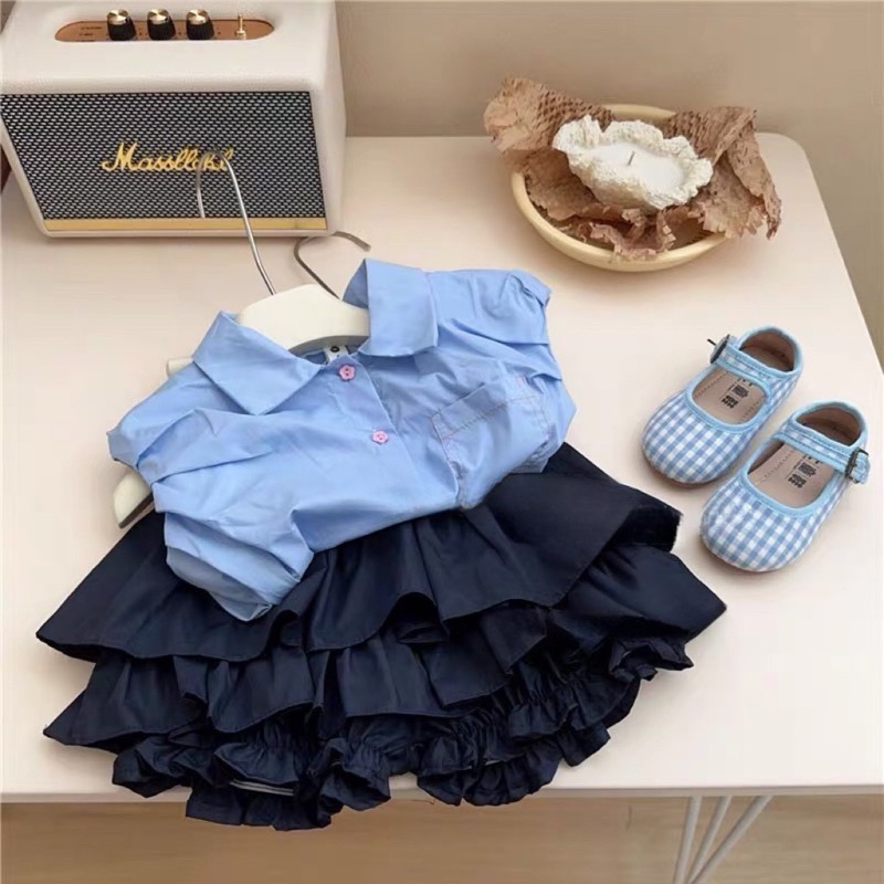 Set áo xanh chân váy đen tầng cho bé gái 10-30kg