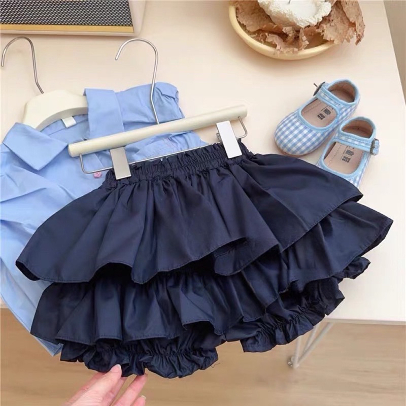 Set áo xanh chân váy đen tầng cho bé gái 10-30kg