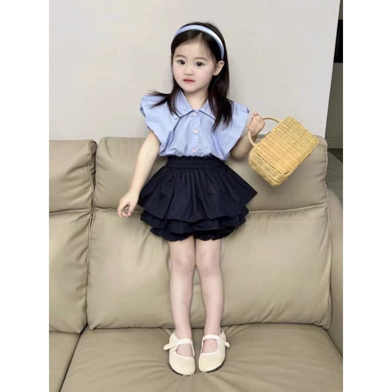 Set áo xanh chân váy đen tầng cho bé gái 10-30kg