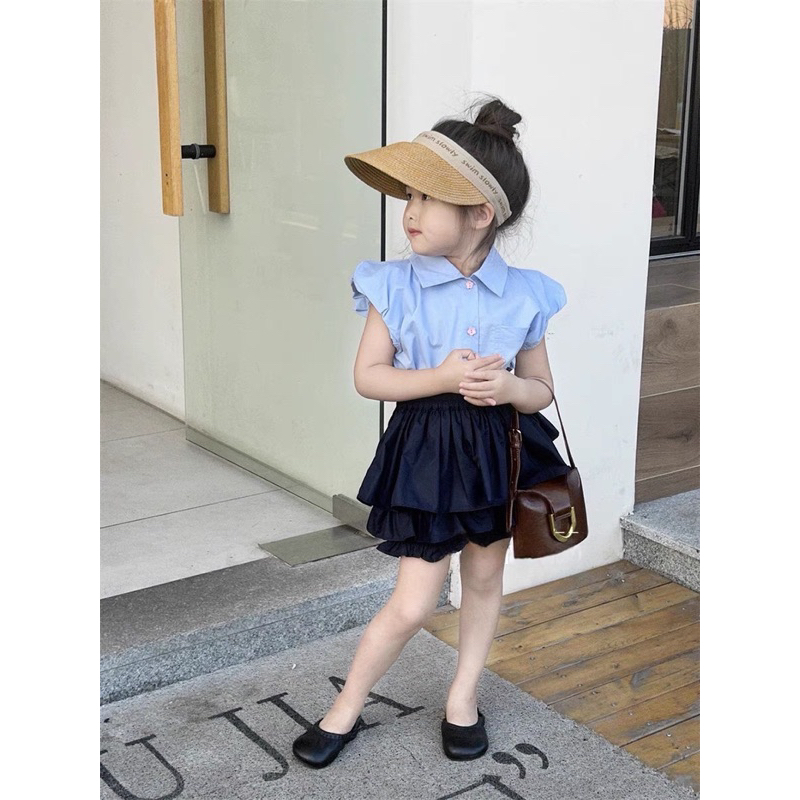 Set áo xanh chân váy đen tầng cho bé gái 10-30kg