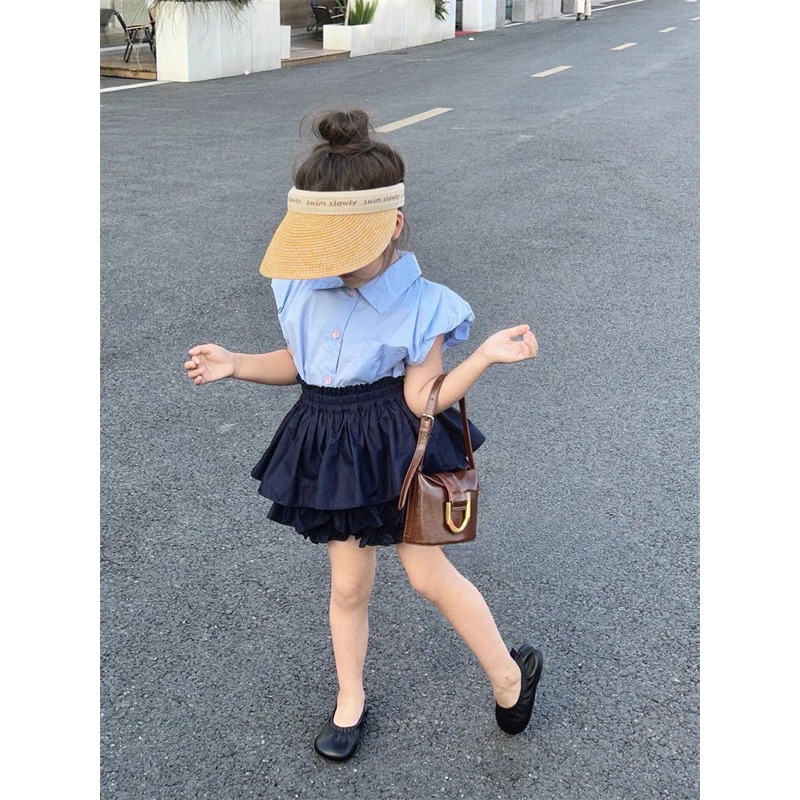 Set áo xanh chân váy đen tầng cho bé gái 10-30kg