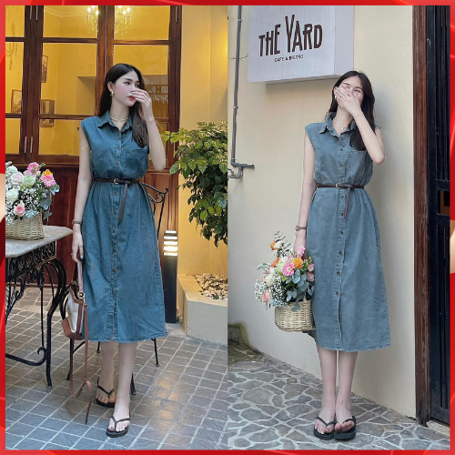 Đầm jean maxi khuy cài cổ sơ mi chất bò mềm - Váy bò sát nách dáng dài nữ