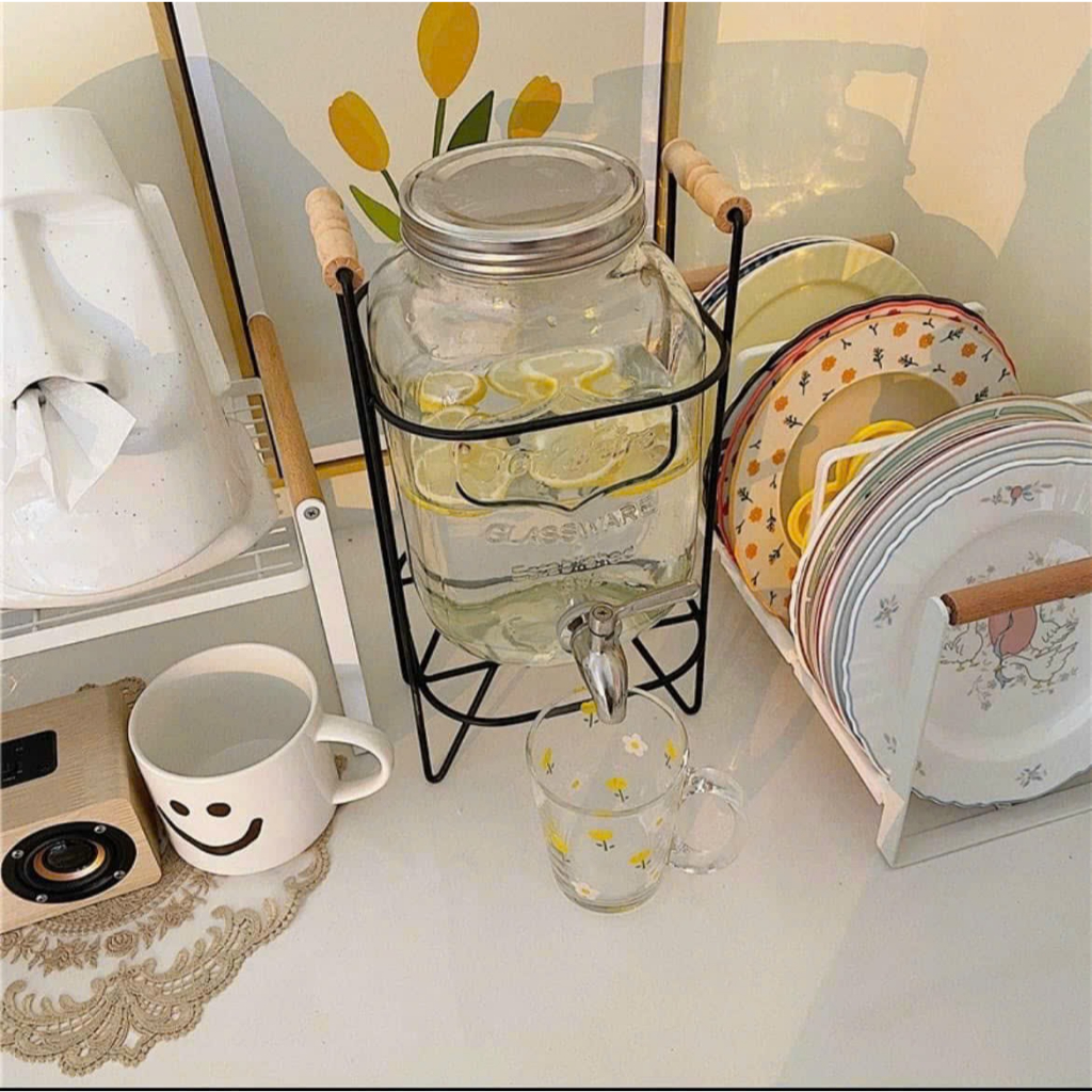 Bình Đựng Nước Thuỷ Tinh 4L Decor Phòng Sang Chảnh Có Vòi Vặn Tiện Lợi, Có Kệ Sắt, Bình Ngâm Hoa Quả, Ngâm Sấu Siêu Đẹp