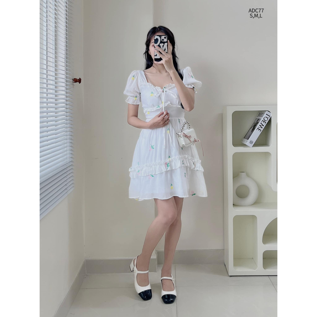 Đầm tơ thêu hoa bèo ngực tay chun tiểu thư CHIBEST  ADC77