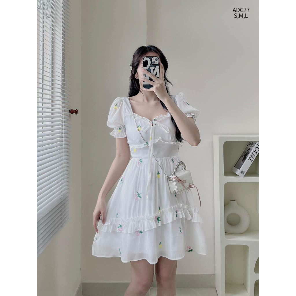 Đầm tơ thêu hoa bèo ngực tay chun tiểu thư CHIBEST  ADC77