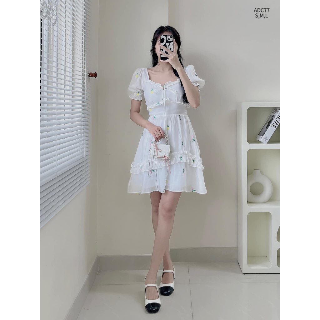 Đầm tơ thêu hoa bèo ngực tay chun tiểu thư CHIBEST  ADC77