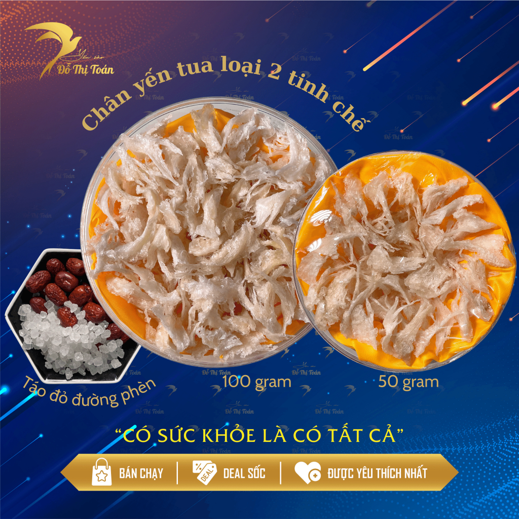 Chân yến tua sạch loại 2- Yến sào Đỗ Thị Toán (hộp 50gr/100gr) có kèm đồ chưng- yến sào nguyên chất