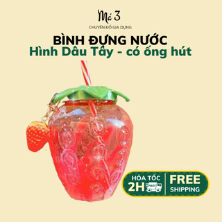 Bình nước dâu tây 500ml - Bình nhựa đựng nước hình trái dâu tây (TẶNG KÈM ỐNG HÚT NHỰA VÀ MÓC KHÓA DÂU TÂY)