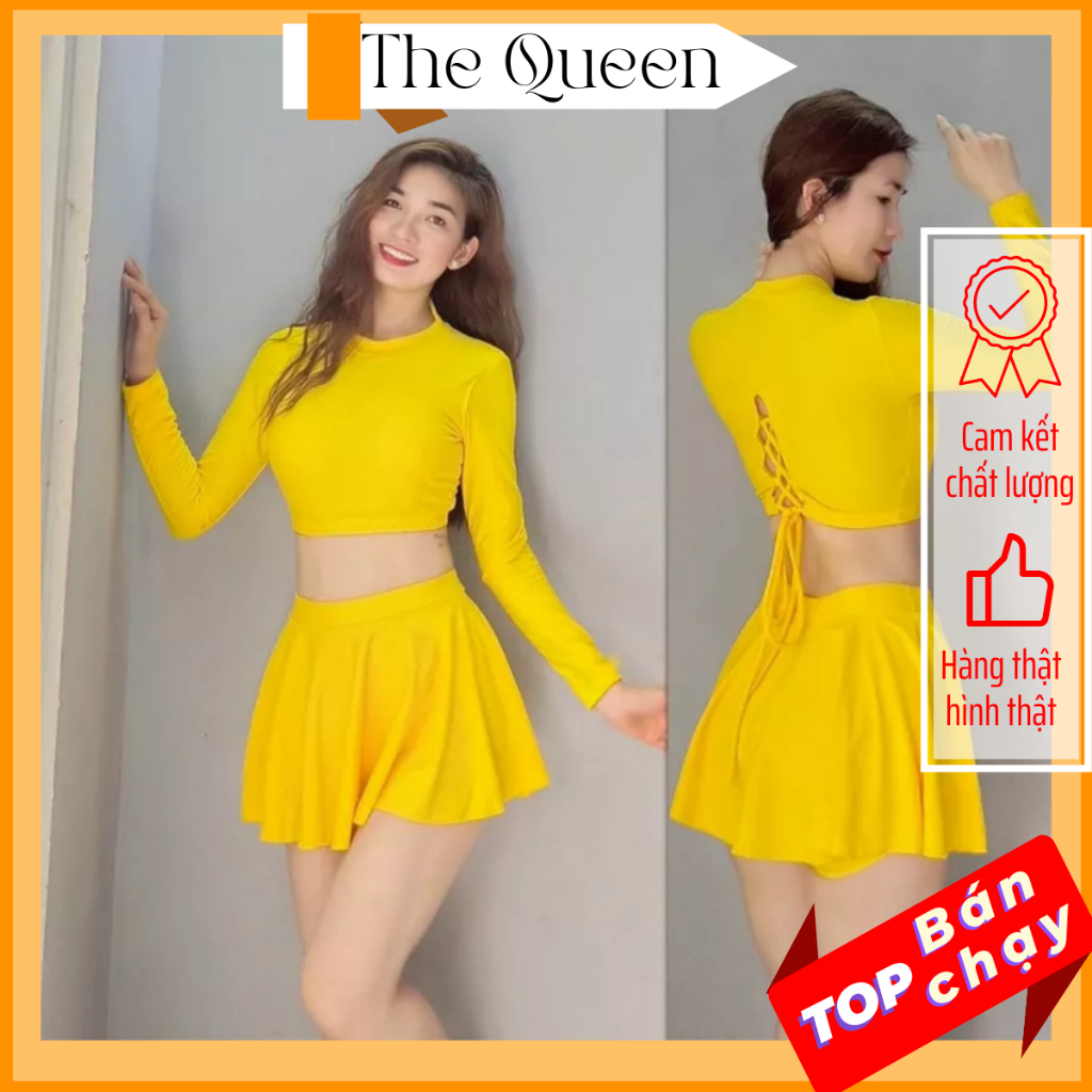 Bikini hai mảnh đồ bơi nữ váy xòe đi biển áo đan lưng tay dài kín đáo The Queen 009