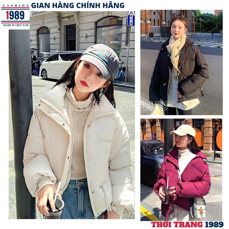 Áo khoác phao croptop túi ngang khóa vàng dài tay trần bông 3 lớp dày dặn, áo khoác mùa đông dáng ngắn mÀU đỏ nâu trắng