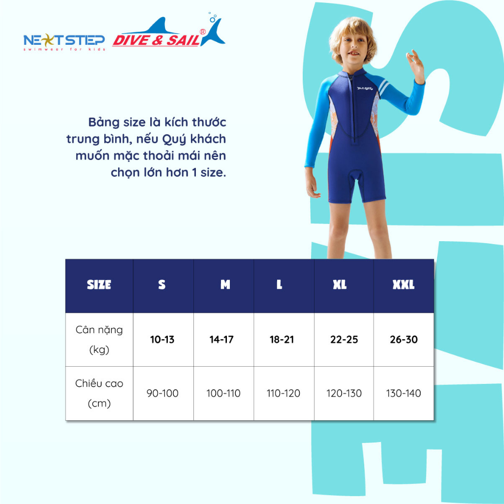 Đồ bơi giữ nhiệt cho bé trai chống nắng tay dài hiệu Dive and Sail chất liệu cao su Neoprene dày 2.5mm chống thấm nước