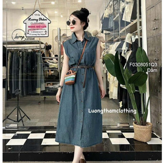 Đầm sơ mi jean dáng dài tay sát nách kèm đai eo siêu thời trang!