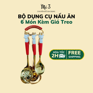 Bộ dụng cụ nấu ăn nhà bếp treo muôi muỗng sạn bằng vàng 6 món - Set giá sạn hươu vàng treo mạ vàng