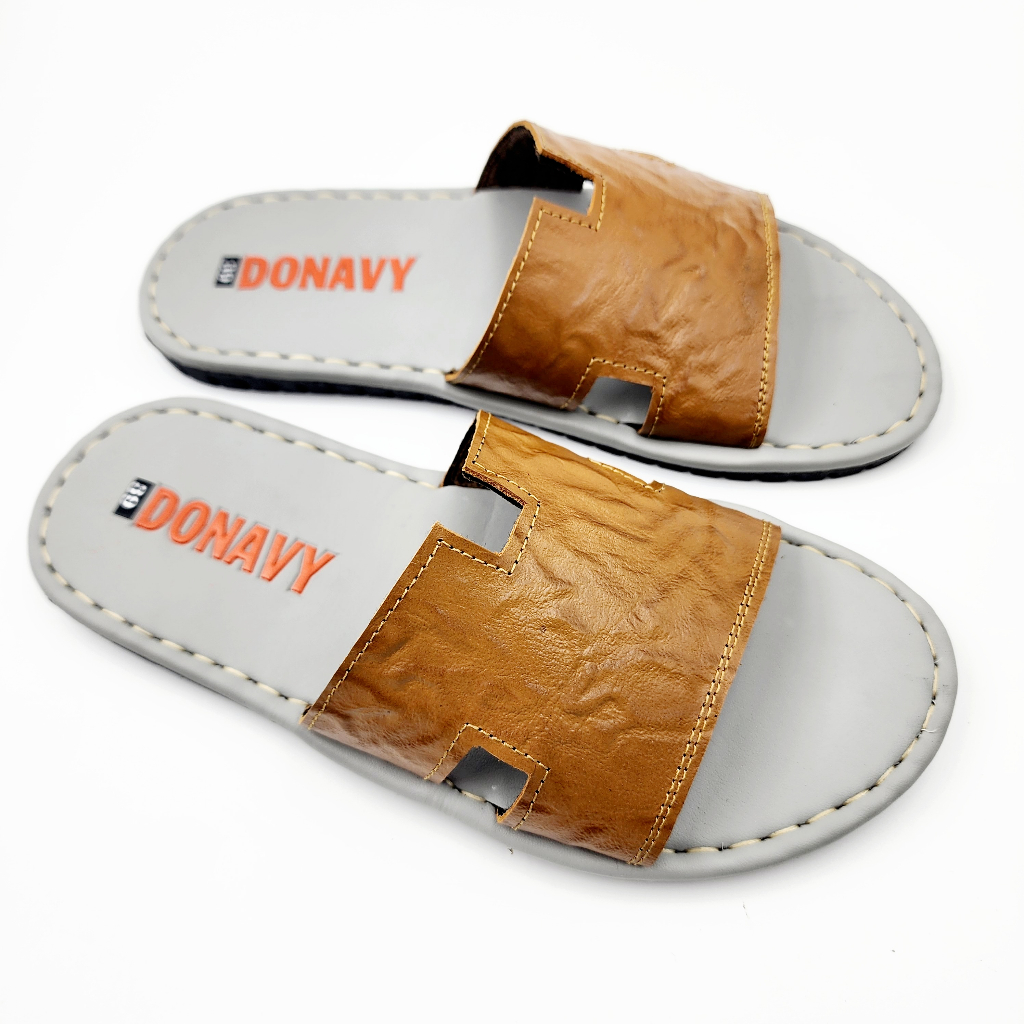 Dép quai ngang nam da bò tự nhiên DONAVY cao cấp, thiết kế kiểu H mới thời trang D.H3LO