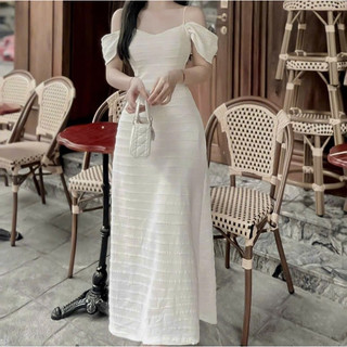 Váy rớt vai dáng dài xòe nhẹ