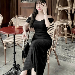 Váy rớt vai dáng dài xòe nhẹ