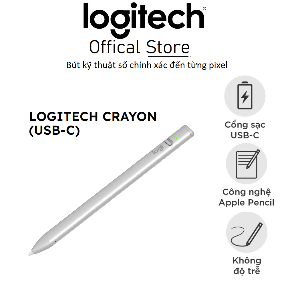 Bút cảm ứng Logitech Crayon cho iPad - Kỹ thuật số, không độ trễ, sạc nhanh Usb-C