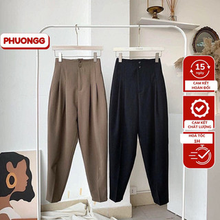 Quần baggy nữ PHUONGG  lưng cao, cạp liền chất cotton 2 biên  màu đen và nâu đủ size 45-65kg
