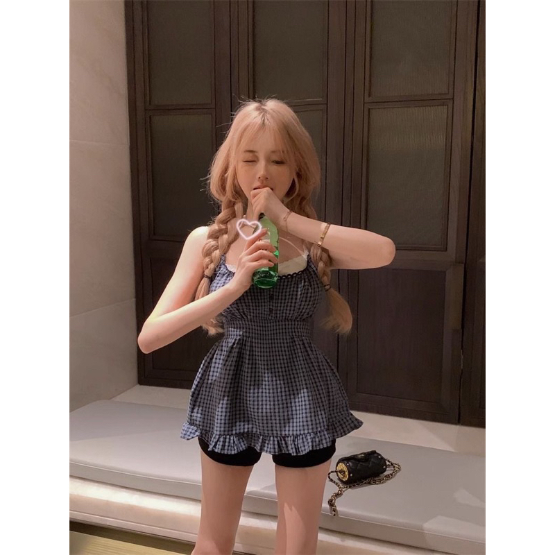 Áo dây kẻ caro Aki dáng babydoll đáng yêu chất thô mát