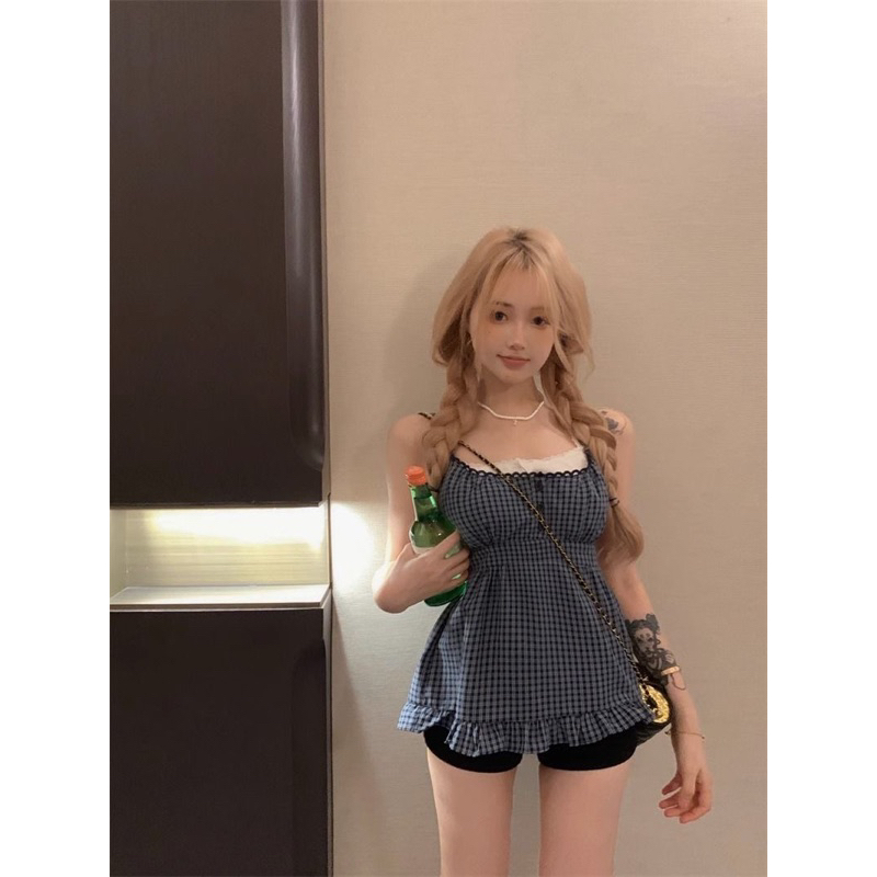 Áo dây kẻ caro Aki dáng babydoll đáng yêu chất thô mát