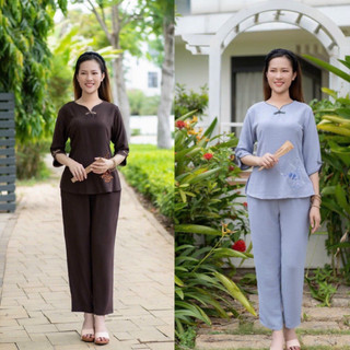 Đồ lam đi chùa # mẫu 1 nút vải đũi thêu chữ an