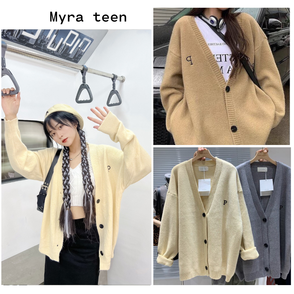 Áo khoác len cadigan thêu chữ P không bai nhão MYRA TEEN CadiganchuP502 P5/K1.2