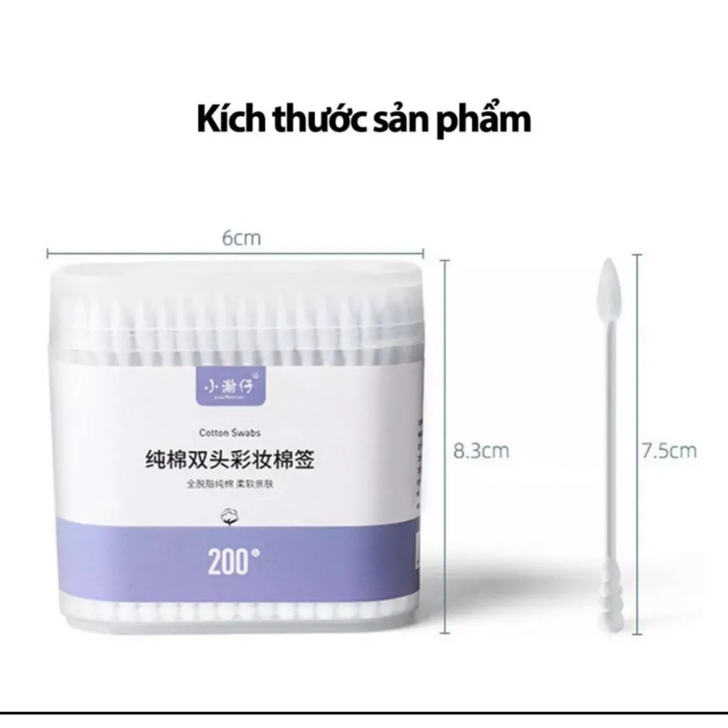 Hộp 200 tăm bông 2 đầu vệ sinh tai, mũi - kháng khuẩn, mềm mịn