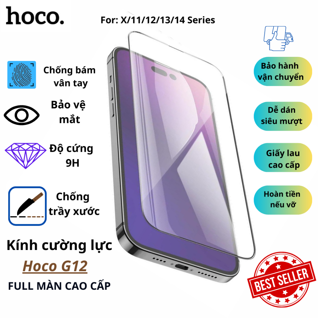 Kính cường lực IP full màn Hoco G12 cao cấp ipX/11/12/13/14/15series tặng kèm bộ giấy lau