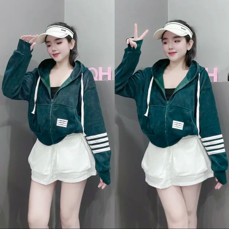 ‼️FREESHIP‼️ Áo Khoác Len Nhung Phom Lửng Phối Sọc Tay