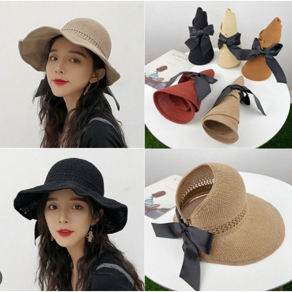 Mũ Cói Nửa Đầu Đi Biển Thời Trang Nón Vành Rộng Chống Nắng Thắt Nơ Có Thể Cuộn Lại Tiện Lợi