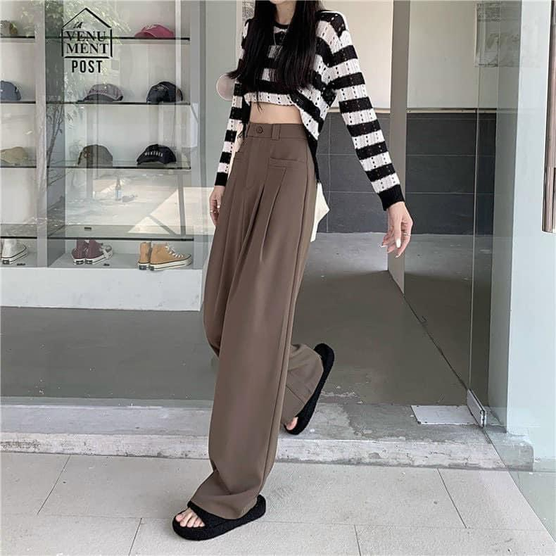 Quần suông ống rộng cạp cao khuy trước kèm túi, Quần vải lưng cao 3 màu quảng châu