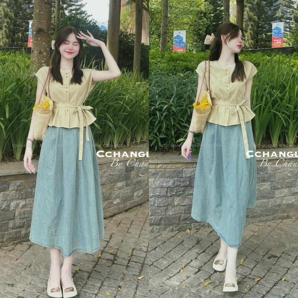 Sét Nữ áo cài nút thật cột dây eo kèm chân váy tiểu thư sang trọng dự tiệc