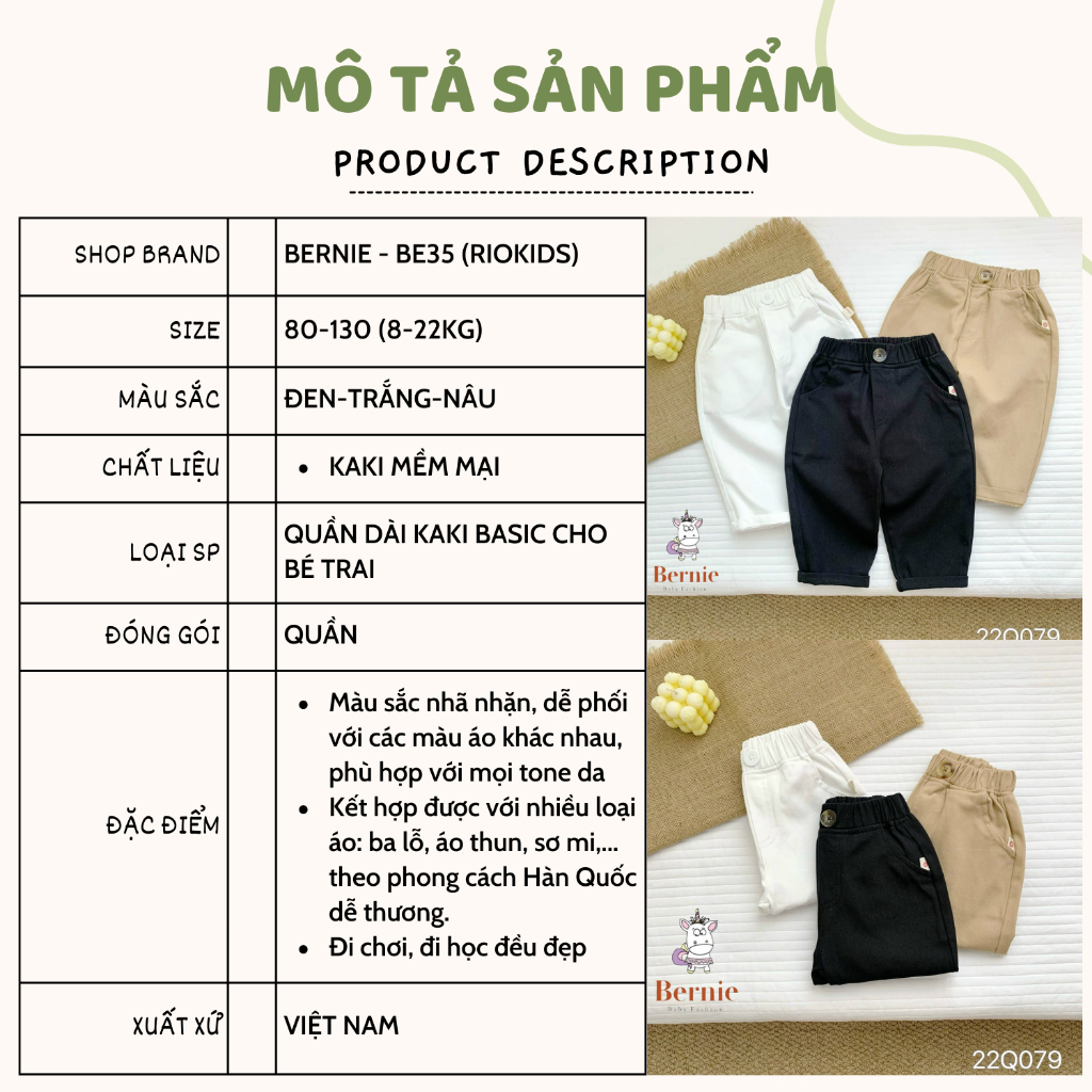 Quần dài Kaki Bassic BERNIE phong cách Hàn Quốc cho bé trai BE35