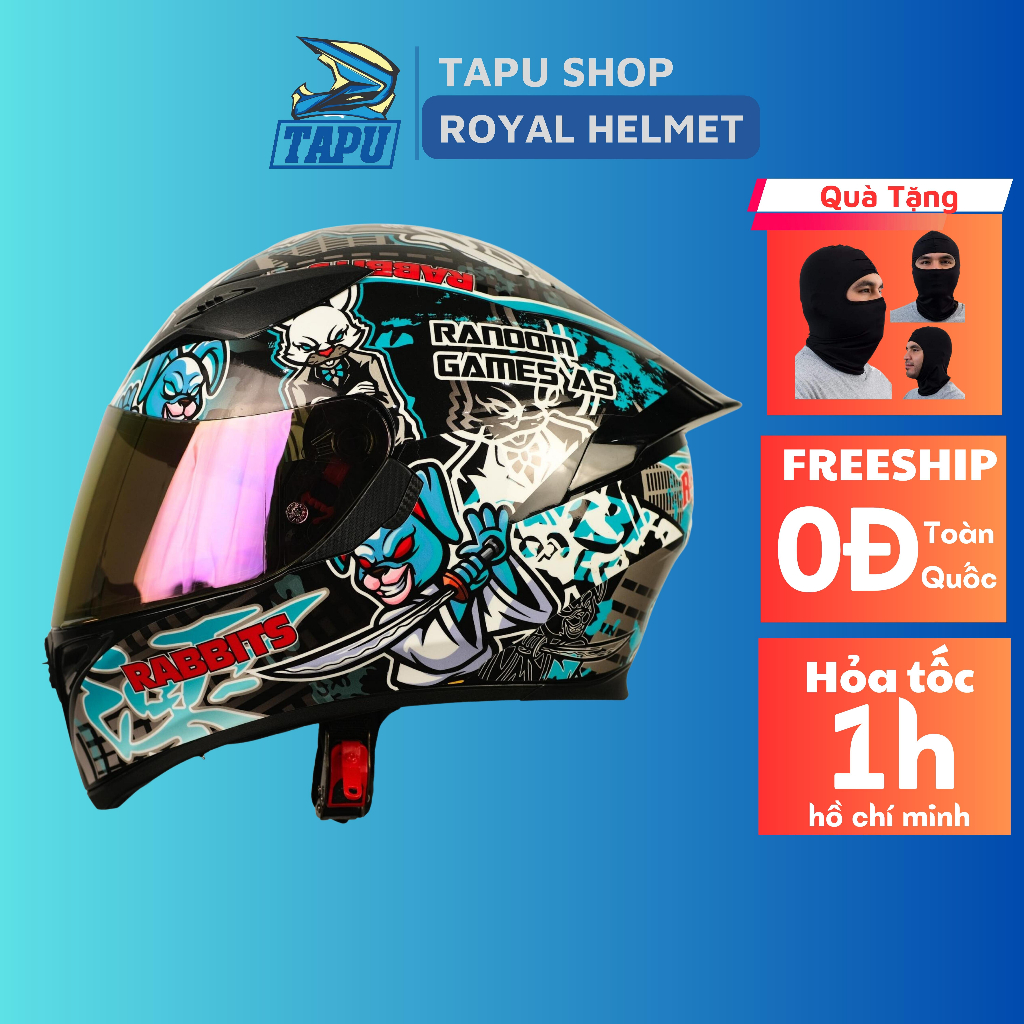 MŨ BẢO HIỂM FULLFACE 1 KÍNH ROYAL M138B LÊN TEM THỎ RAPID