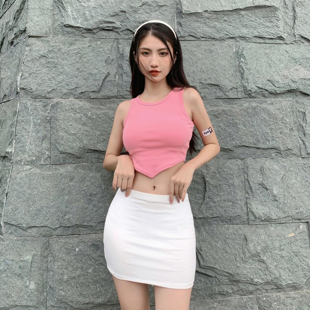 Áo ba lỗ nữ croptop vạt nhọn cổ tròn ôm body Linnie, Áo croptop 3 lỗ mặc hè vạt nhọn chất thun borip dày dặn