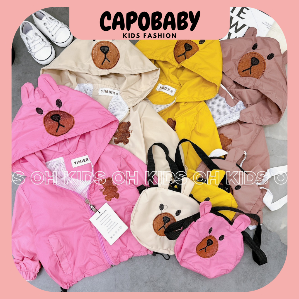 Áo Khoác Gió Lưới hình gấu kèm túi cho bé trai bé gái 8-20kg