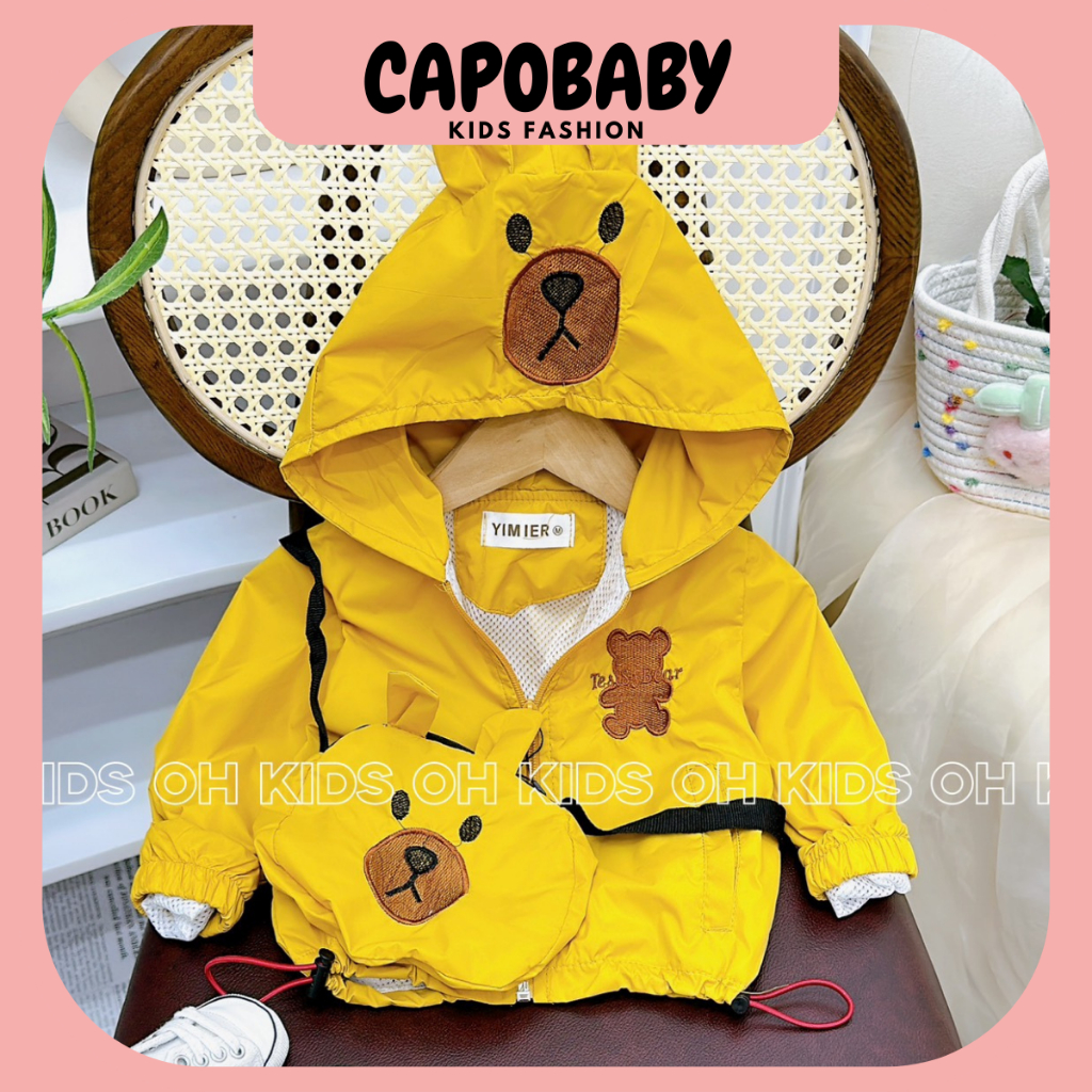 Áo Khoác Gió Lưới hình gấu kèm túi cho bé trai bé gái 8-20kg