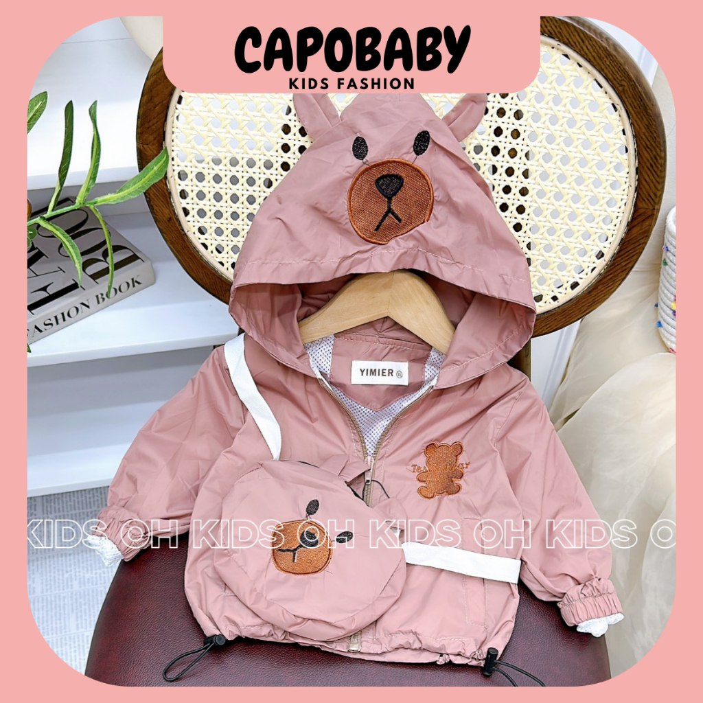 Áo Khoác Gió Lưới hình gấu kèm túi cho bé trai bé gái 8-20kg