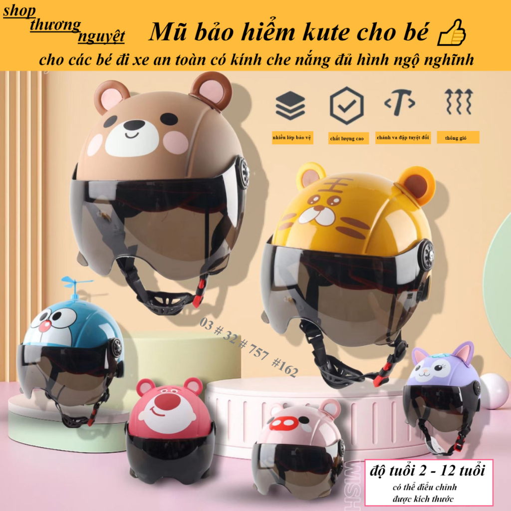 mũ nón bảo hiển cho các bé đi xe an toàn có kính che nắng đủ hình ngộ nghĩnh