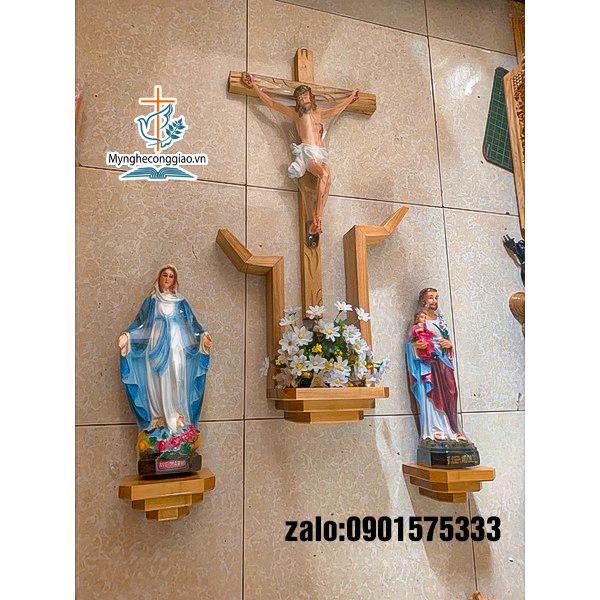 Bộ bàn thờ chúa treo tường | bàn thờ công giáo bằng gỗ và tượng chúa+ đức mẹ ban ơn + ông thánh giuse