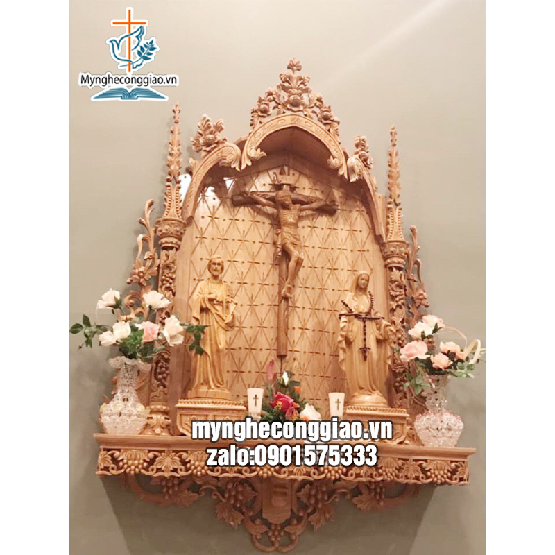 Bàn thờ thiên chúa mẫu hiện đại | Kệ gỗ công giáo treo tường cao cấp