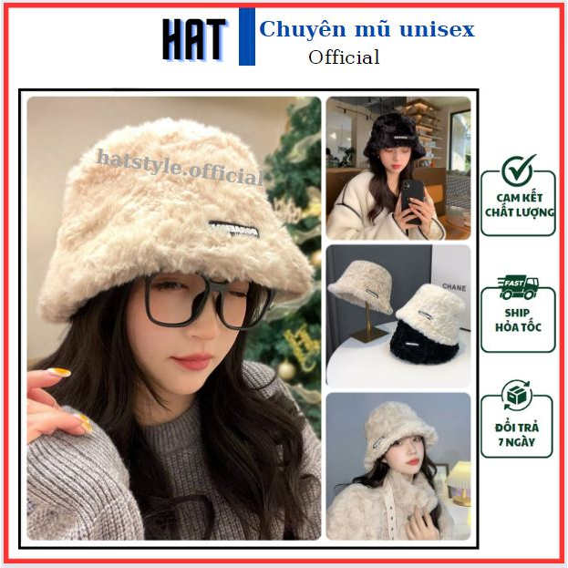 Mũ bucket nữ lông cừu HAT gắn chữ Doraemon phong cách Ulzzang, nón vành rộng lông dày dặn có 3 màu đen trắng kem MLC01