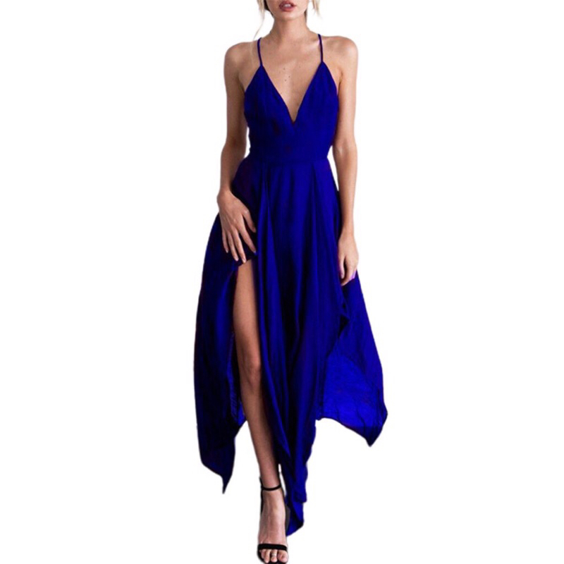 Đầm maxi cổ v xanh voan rũ coban xả vía nhã ca nguyễn