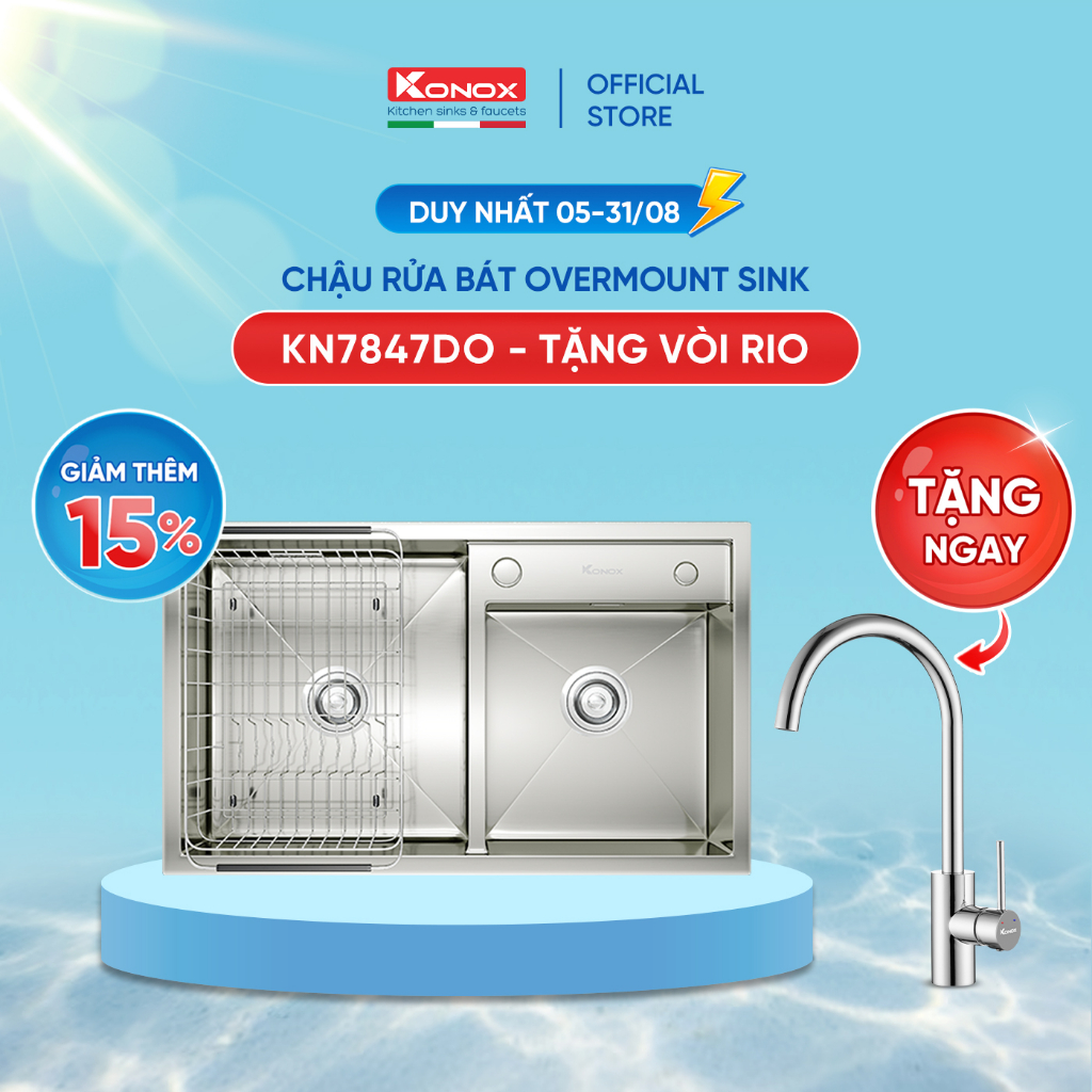 [Combo Siêu ưu đãi] Mua chậu rửa bát Overmount KN7847DO TẶNG vòi rửa bát nóng lạnh RIO