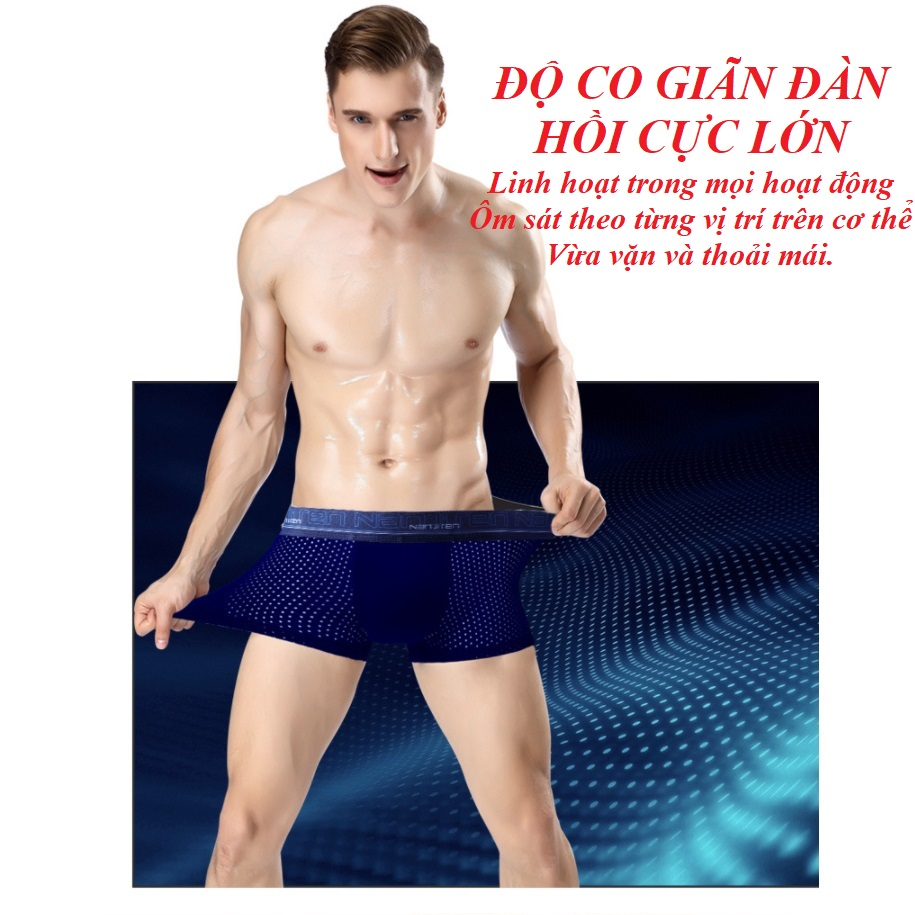 Hộp 4 quần lót nam cao cấp,quần sịp đùi nam vải lưới thun lạnh thoáng mát, co giãn đàn hồi, kháng khuẩn
