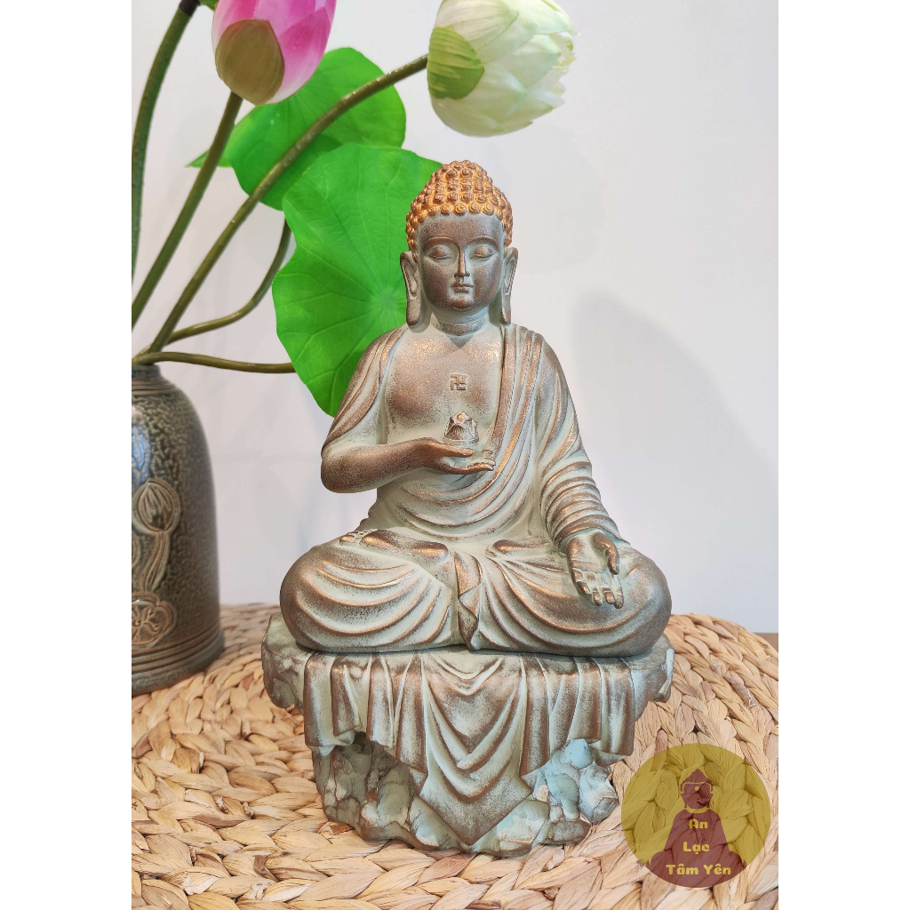 Tượng phật A Di Đà kèm đế màu đồng cao 32 cm, Tượng phật A Di Đà trang trí phòng thờ,phòng khách, phòng thiền, sân vườn