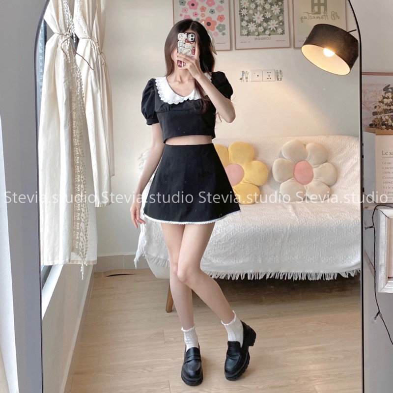 Stevia.studio - Set áo crop đen cổ sen + chân váy zip - 3 size Xs, S, M
