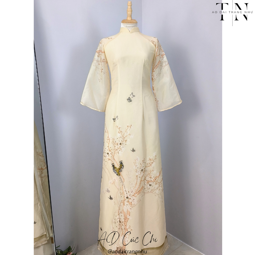 Áo dài cách tân nữ thiết kế 4 tà, đính kết chim anh đào