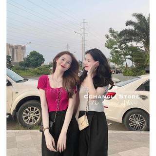 Áo len cộc tay cổ U dáng croptop (kèm ảnh thật, video)
